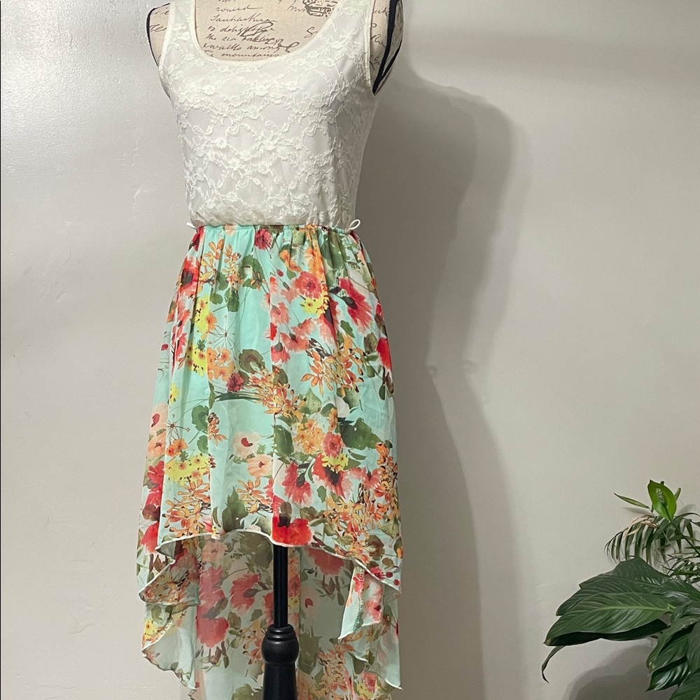 Floral High-Low Dress with Lace Top